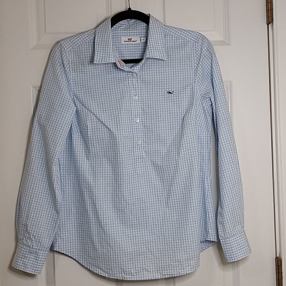 Vineyard Vines Cotton Popover Roll Tab Sleeve Blouse Top Blue White Check Size 4